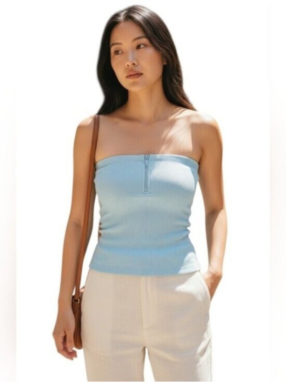 Lucy Paris Ribbed Rhinestone Zip Tube Top Aqua Medium